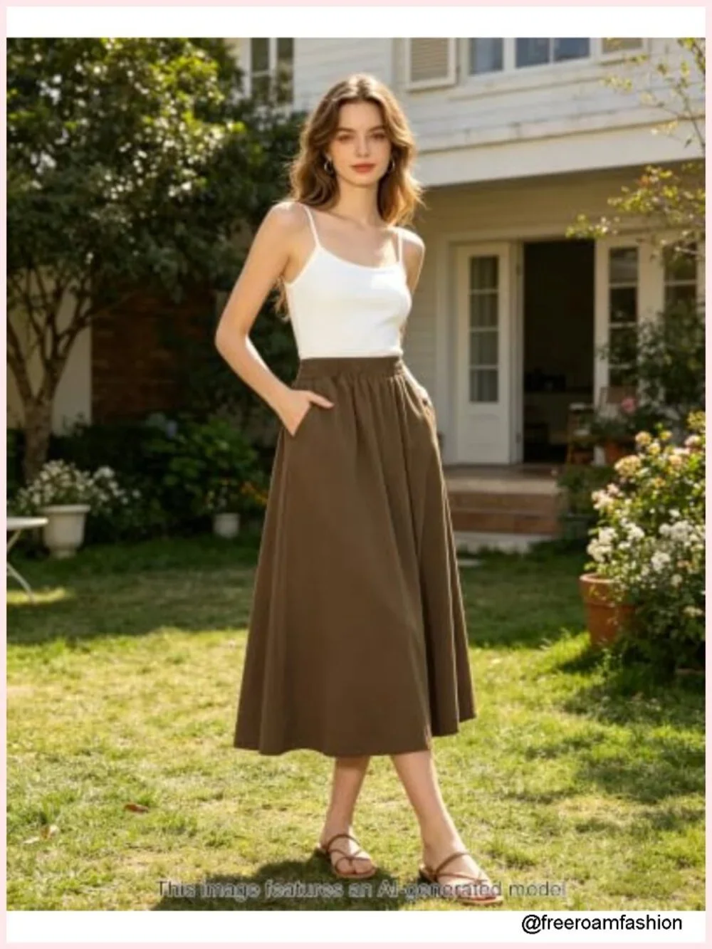 Cotton Linen Midi Skirt with Pockets A-Line Flowy Elastic High Waist Boho Skirt
